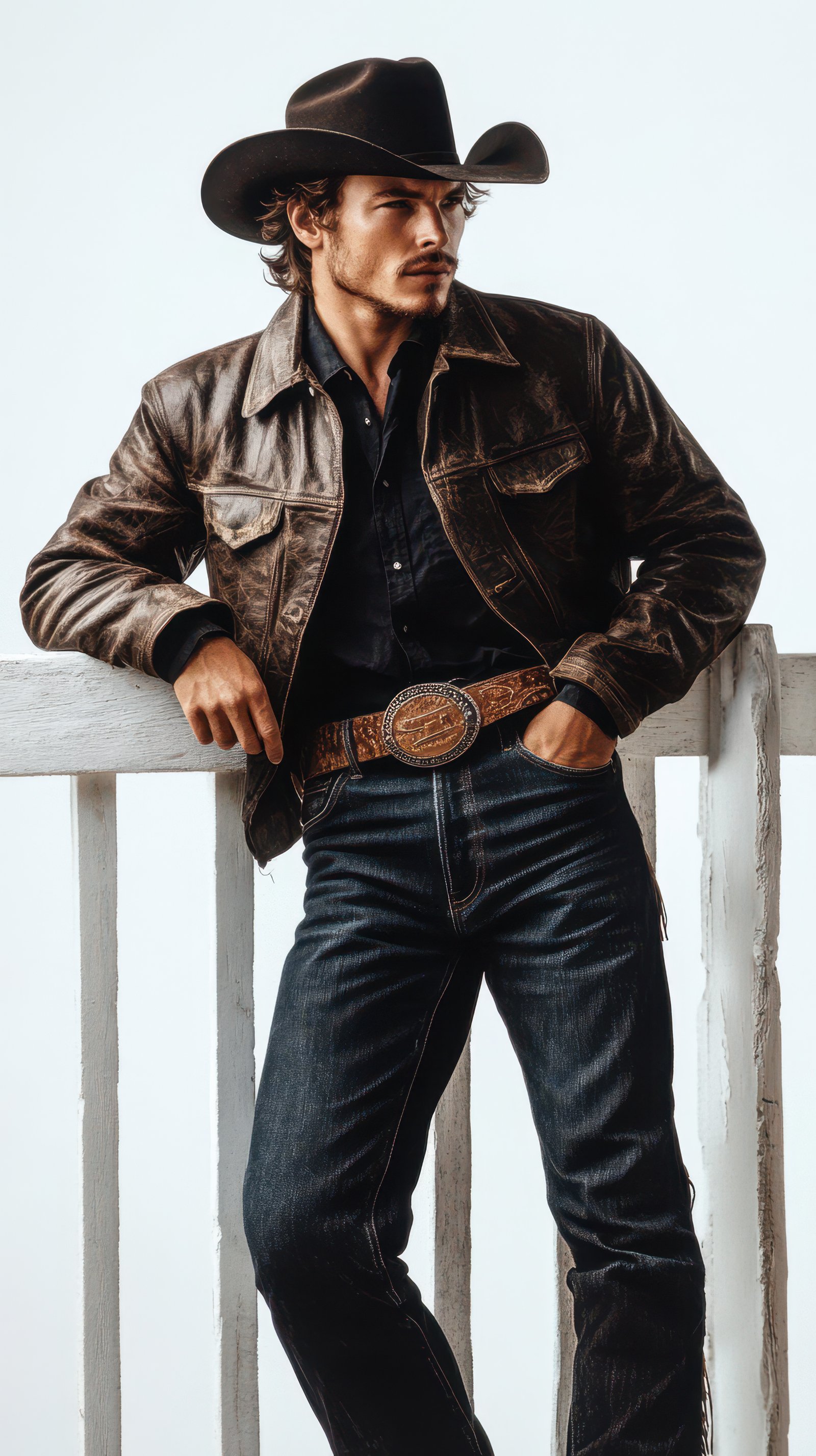 Fashionable cowboy poses confidently against a rustic wooden railing in a studio setting